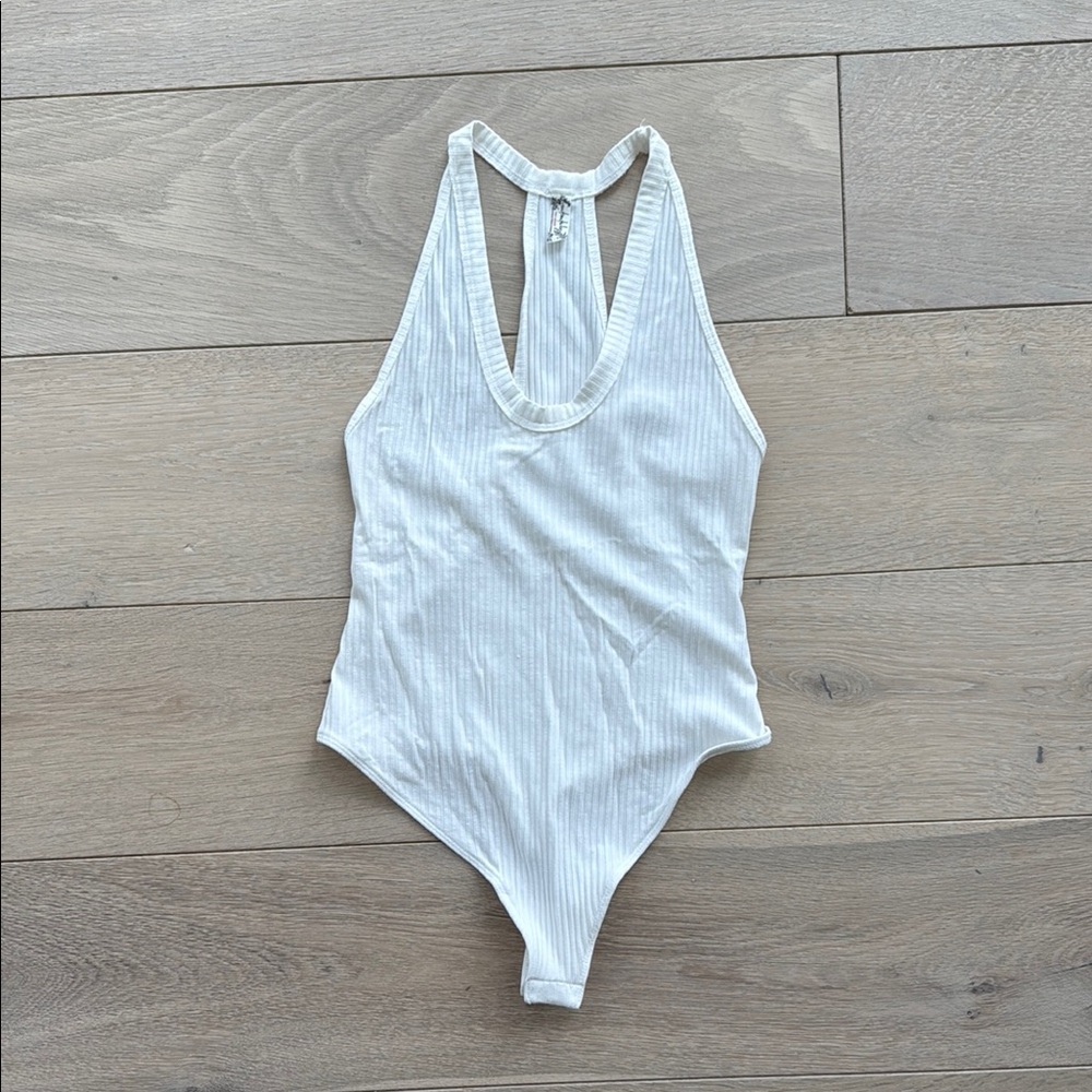 Free People White Ribbed Halter Bodysuit Small